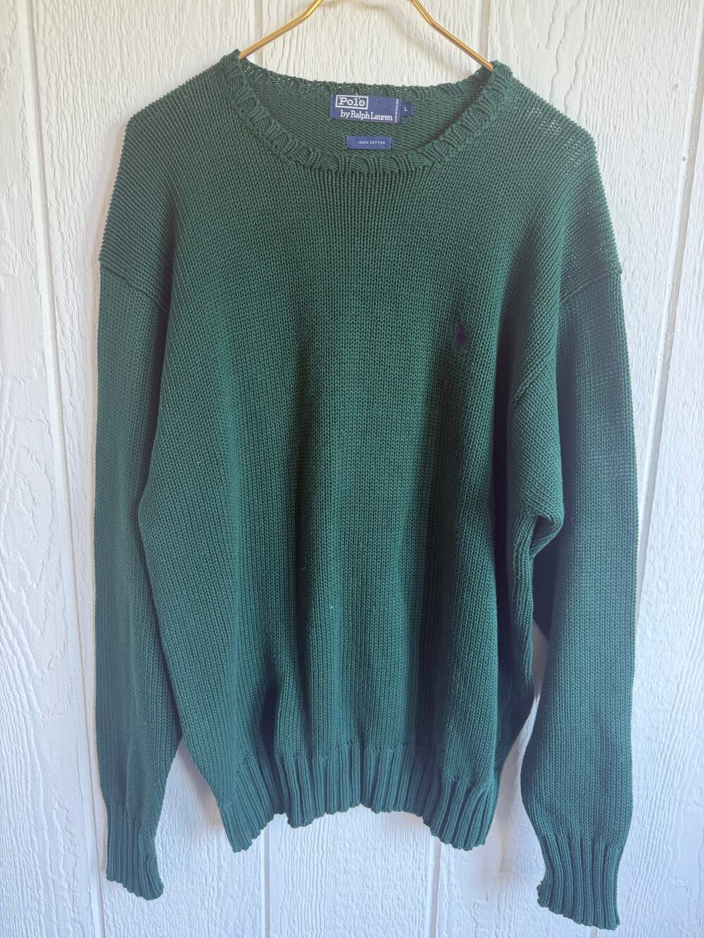 Vintage Ralph Lauren Cotton Green Knit Sweater Crewneck, Large